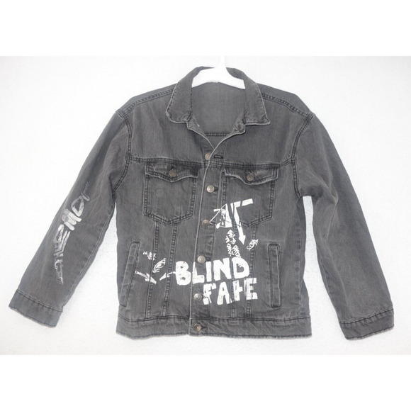 NEW Zara Girls Graffiti Gray Distressed Denim Button Jean Jacket Size 13/14 - Picture 1 of 11